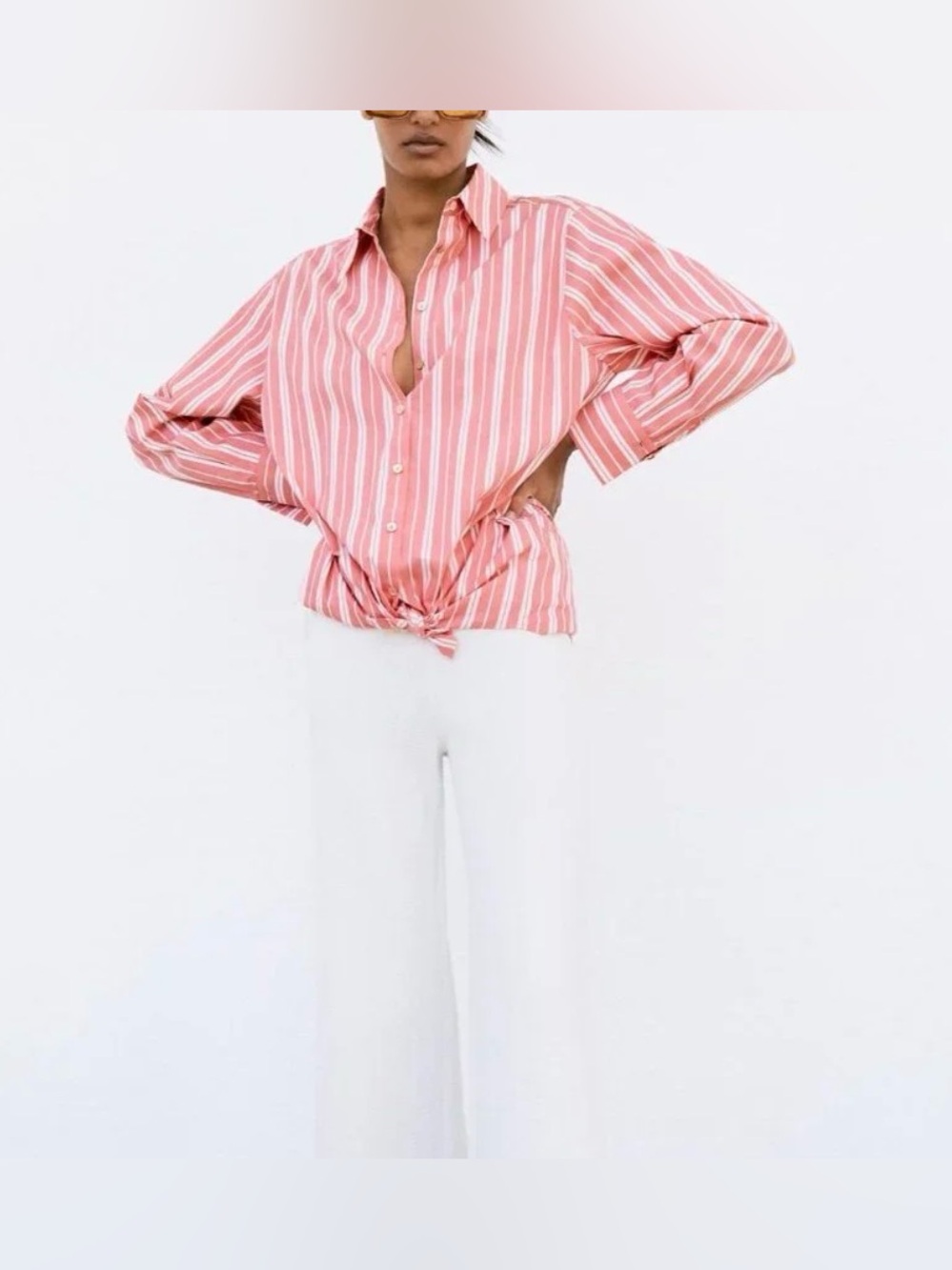 NWT Zara Coral and White Oversized Striped Button Shirt with Front Tie